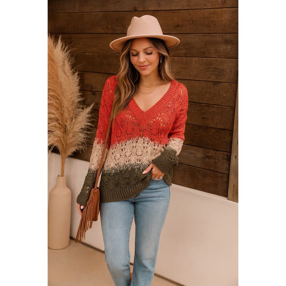 POL Crochet Open Knit Sweater | Rust Beige Olive Color block Boho | Medium